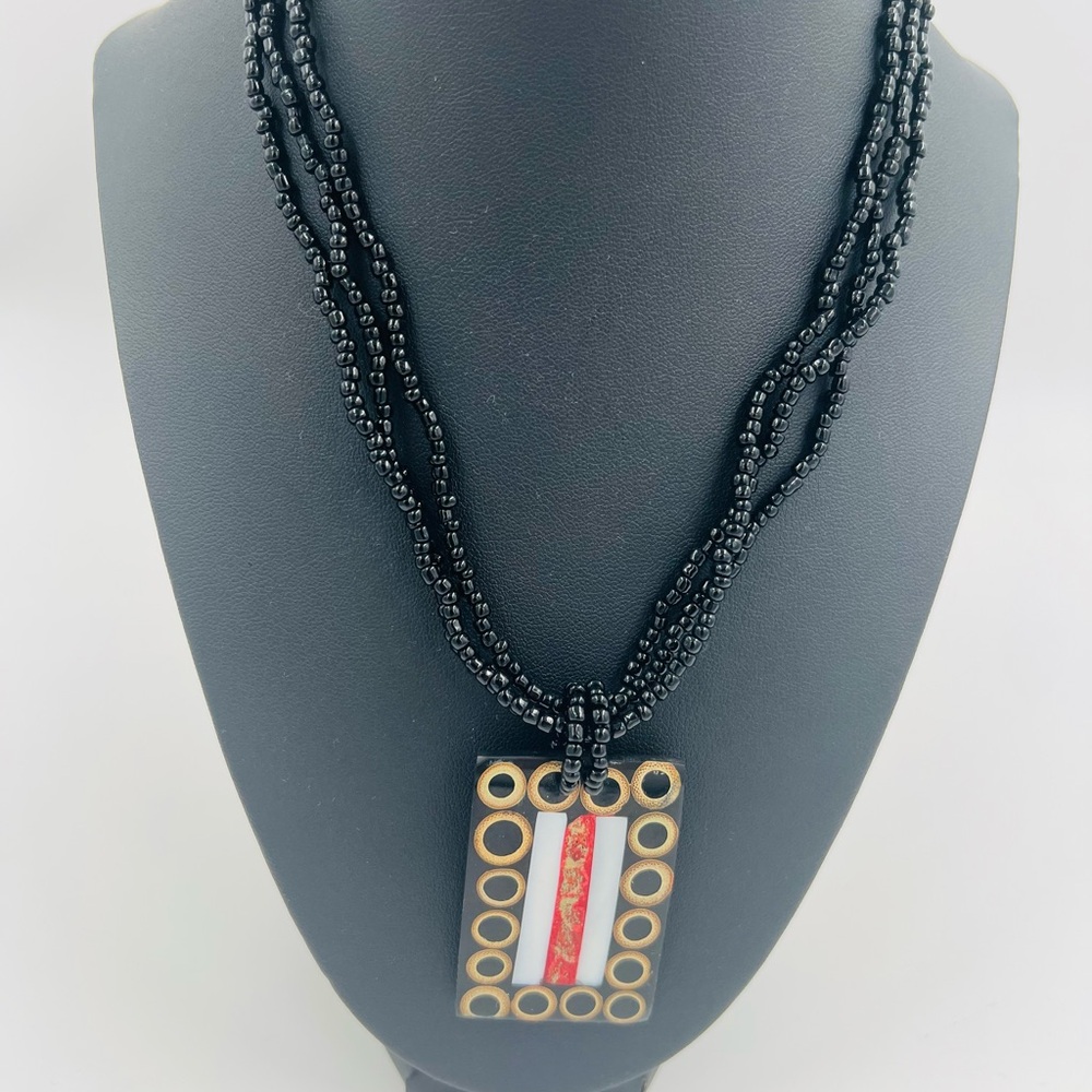 Inlaid Mother of Pearl, Coral & Bamboo Black beaded Rectangle Pendant Necklace